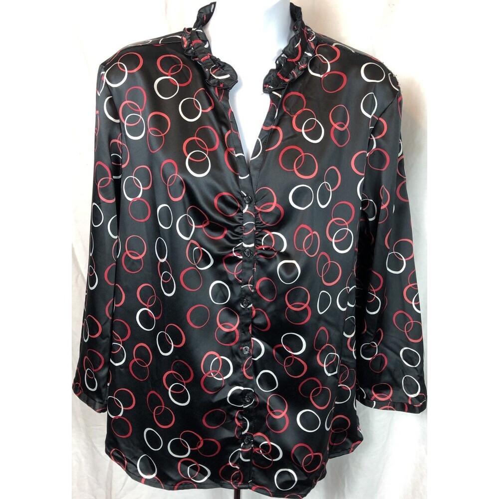 JM Collection satin top blouse 14 black/red Geo Ruffles 3/4 sleeve Career